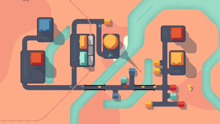 A colorful, top-down view of a road network in the game Mini Motorways, showcasing the Spires and Tires Update. The layout features a mix of roads, bridges, and buildings in vibrant hues of red, orange, yellow, blue, and teal. Large blocks represent buildings with matching colored cars navigating narrow roads connecting residential and commercial zones. The setting includes curved waterways labeled "YDERHAVNEN" and "INDERHAVNEN," with clean, minimalist graphics evoking a modern city planning aesthetic. Published on: LadiesGamers.