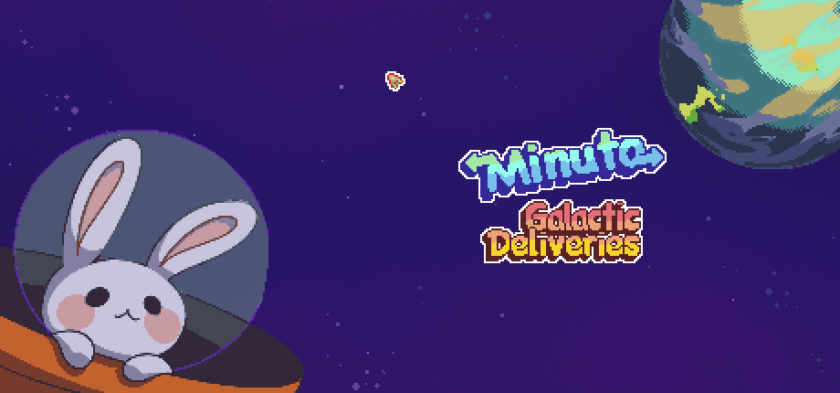 A charming pixel art title screen featuring a bunny in a space helmet peeking out from a spacecraft, gazing toward a pixelated Earth in the distance. The game's title “Minuto: Galactic Deliveries” floats beside the bunny in playful, colorful lettering on a starry background. Published on: LadiesGamers.