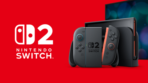 A promotional render of the Nintendo Switch 2 console set against a bold red background. The system features a sleek black design with updated Joy-Con controllers, one in dark gray and the other in a deep red accent. The console is docked, with a large display screen behind it showing a blurred abstract background. Prominently displayed on both the console and the controller is the updated logo, reading "Nintendo Switch 2" in a modern font. The iconic Nintendo Switch logo is positioned on the left side of the image. Published on: LadiesGamers.