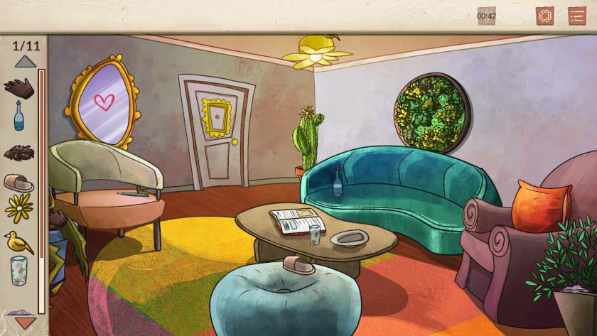 A living room holds a bunch of hidden objects, and they are pictured in a little menu on the left side of the screen in Nora: In Search of Hidden Ingredients.