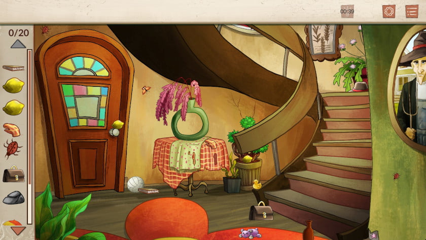 An entryway holds a bunch of hidden objects, and they are pictured in a little menu on the left side of the screen in Nora: In Search of Hidden Ingredients.