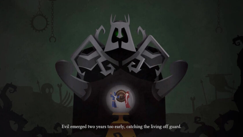 A dark shadowy figure capturing two wizards with the wording: Evil emerged two years too early, catching the living off guard. Published on LadiesGamers