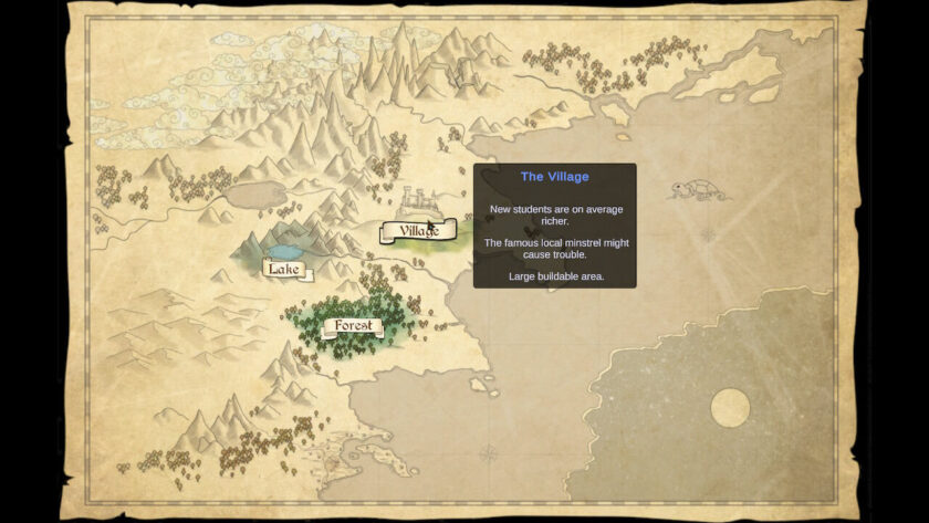 Map which highlights three locations: Village; Lake and Forest. The village is selected with notes explaining that students are on average richer, the minstrel might cause trouble and that there is a large buildable area. Published on LadiesGamers