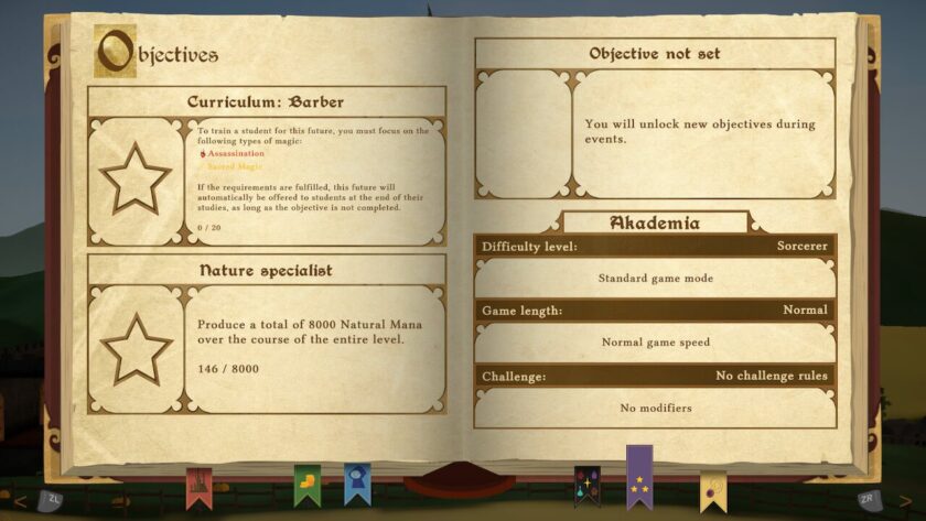The objectives page from the university information book. With the objective to train 20 students to be barbers, and produce 8000 natural mana. The third objective is waiting to be unlocked. Published on LadiesGamers