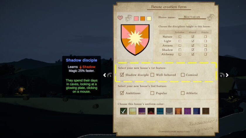 The house creation form, with the first feature being selected from shadow disciple, well-behaved or comical. Published on LadiesGamers