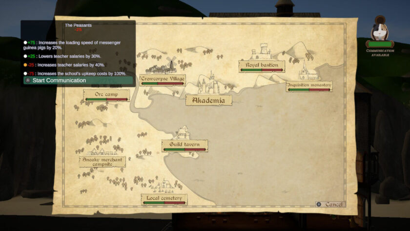Map of the area surrounding the university. Crowcorpse Village is selected which currently has a negative 25 reputation. This means teacher salaries are increased by 40 percent. Published on LadiesGamers