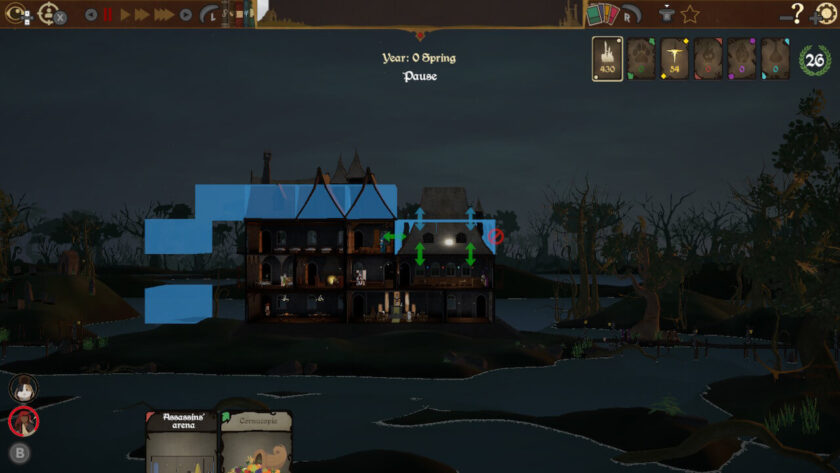 Trying to place an assassins' arena on the university. The available slots are shown in blue. The landscape is a swamp, but the graphics are very dark. Published on LadiesGamers