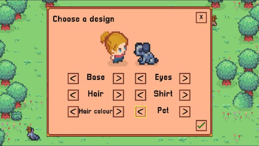 The character customisation menu, with options for base, hair, hair colour, eyes, shirt and pet. Published on LadiesGamers