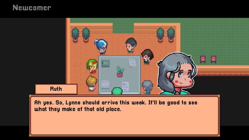 Various residents around a square table discussing the newcomer. Published on LadiesGamers