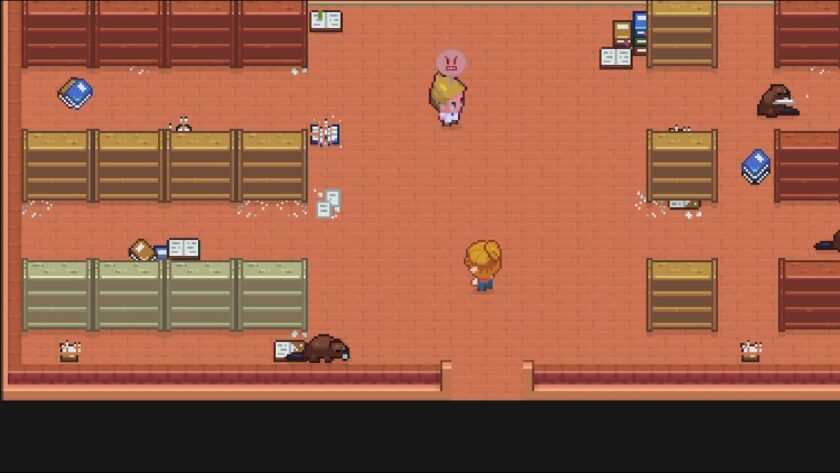 The library is overrun with beavers, who are eating all the books. Hal is standing with an angry icon above his head. Published on LadiesGamers