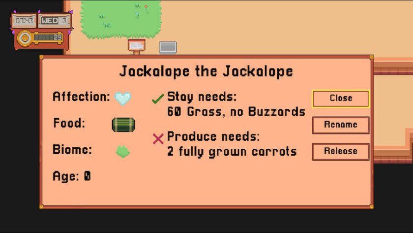 The Jackalope details menu, with information about their requirements as well as affection levels and other needs. Published on LadiesGamers