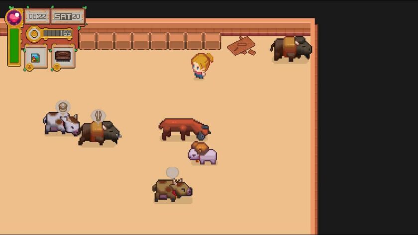My character in the animal barn with several cows and bison. Published on LadiesGamers