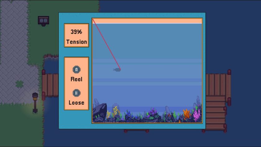 The fishing mini game with a red line linked to a fish shadow in an ocean scene. Published on LadiesGamers