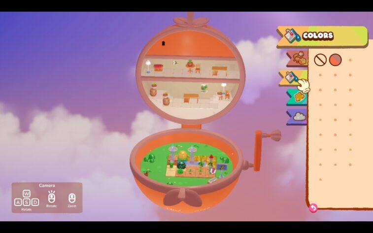 A full view of the orange-shaped house in Tiny Garden, showcasing both the furnished interior floors and the thriving garden at the bottom. The “Colors” menu is open, with a hand cursor pointing at a swatch. Published on: LadiesGamers