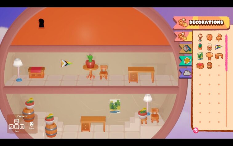 A cozy interior scene from Tiny Garden, showing two levels of a circular orange house. The top floor features a cactus on a round table, a lamp, desk, chair, and small chest. The lower level has a desk, potted plants atop barrels, and a framed nature picture on the wall. The decorations menu is open on the right. Published on: LadiesGamers