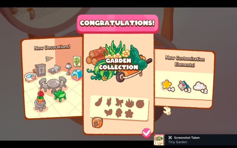 A congratulatory screen in Tiny Garden for unlocking the Garden Collection. It shows new decoration options like furniture and wall art, along with new customization elements for stars, paint, and clouds. Published on: LadiesGamers