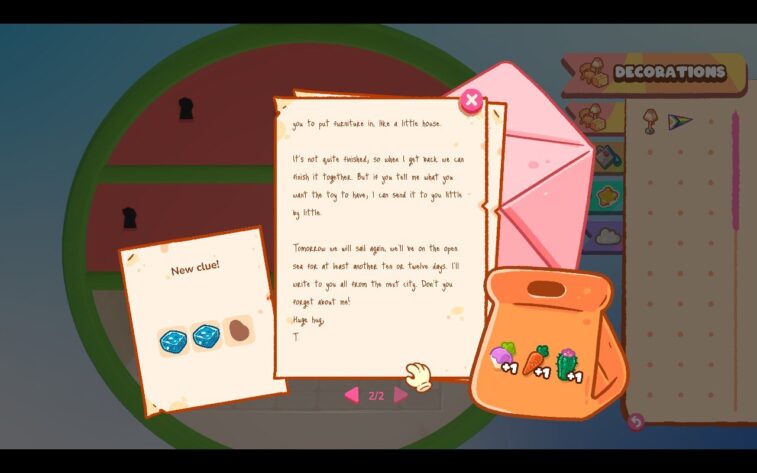 A heartfelt letter in Tiny Garden, displayed with an envelope and a “New clue!” card featuring two blue gemstones. The letter speaks of furnishing a little house and staying in touch during travels. A backpack at the bottom shows collected items: a turnip, carrot, and cactus. Published on: LadiesGamers