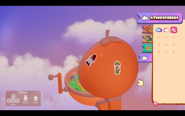 The outside of the orange-shaped home in Tiny Garden, floating in a dreamy sky. Stickers of two characters are placed on the surface, and the "Atmospheres" customization menu is open on the right. Published on: LadiesGamers