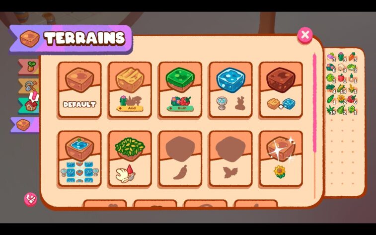 The “Terrains” menu in Tiny Garden, displaying different soil types like Default, Arid, Bush, and Water, each with playful icons. A sidebar shows a list of collected plants and vegetables. A hand icon points to the bush terrain. Published on: LadiesGamers