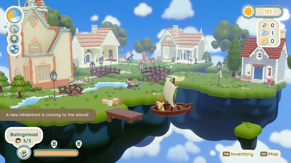 A floating island town with pastel-colored houses, cobblestone paths, and small bridges connecting grassy plots over a blue sky. A boat carrying a red-haired character approaches a dock while other villagers go about their day. The interface shows light resource management elements in the corner. Published on: LadiesGamers.