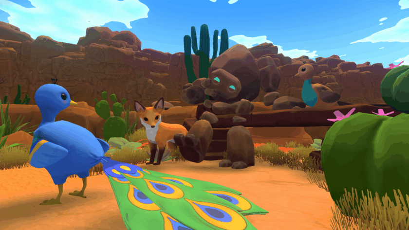 In a bright desert canyon, a stone golem sits on a rustic wooden bench beside a curious fox and a pair of colorful birds, including a bright blue peacock displaying its green tail feathers. Published on: LadiesGamers.