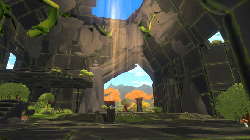 Sunlight streams through a broken roof of ancient, mossy ruins, casting a magical glow on a landscape of small trees and distant autumn-colored forests under a vivid blue sky. Published on: LadiesGamers.