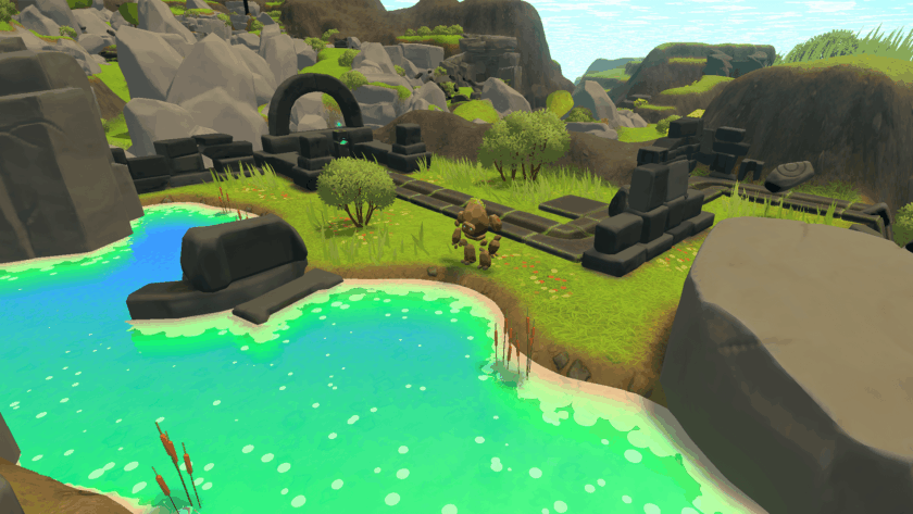 A stone golem explores a lush landscape filled with rocky hills, ruins, and a glowing, turquoise pond, surrounded by patches of grass and wildflowers under a clear sky. Published on: LadiesGamers.