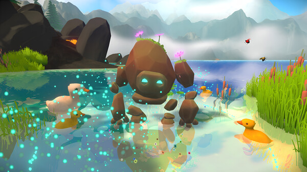A stone golem with glowing eyes stands in a sparkling, shallow pond surrounded by ducks and vibrant plant life, with towering rocks and misty mountains in the background. Published on: LadiesGamers.
