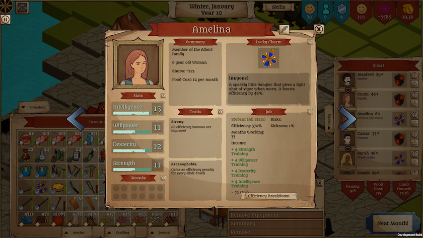 character menu in Medieval Legacy, offering detailed stats of a young woman
