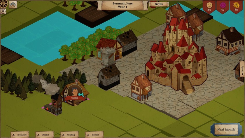 The player family, the town, and the towering castle.