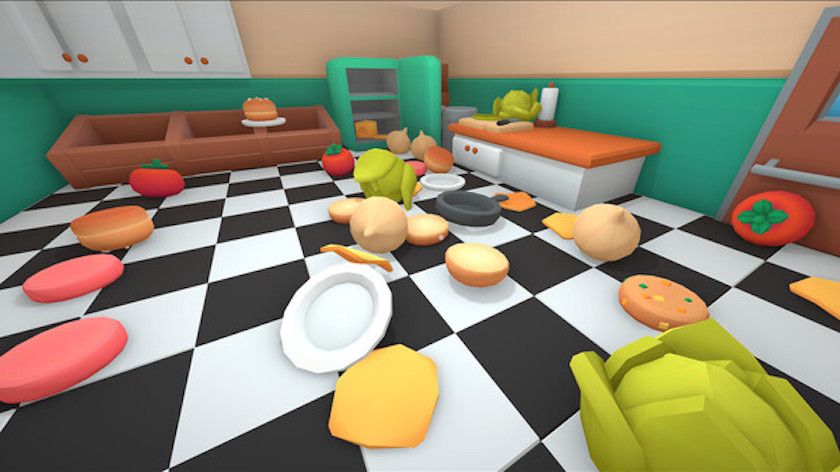 Burgie's kitchen with vegetables and plates all over the floor