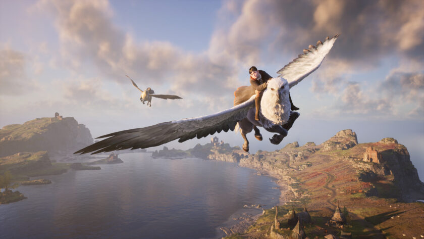 a blue sky and a character riding a hippogriff. Gaming Tales