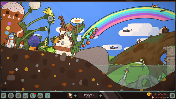 A whimsical cross-section of a garden terrarium world featuring oversized candy-themed flora, a gingerbread house, cheerful insects, and colorful underground layers. A vibrant rainbow arches across a bright blue sky filled with clouds and flying bugs. Published on: LadiesGamers