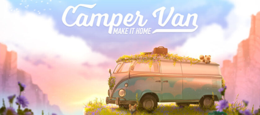 Camper Van: Make It Home logo and key art., showing a camper van in a mountain scene. Published on LadiesGamers