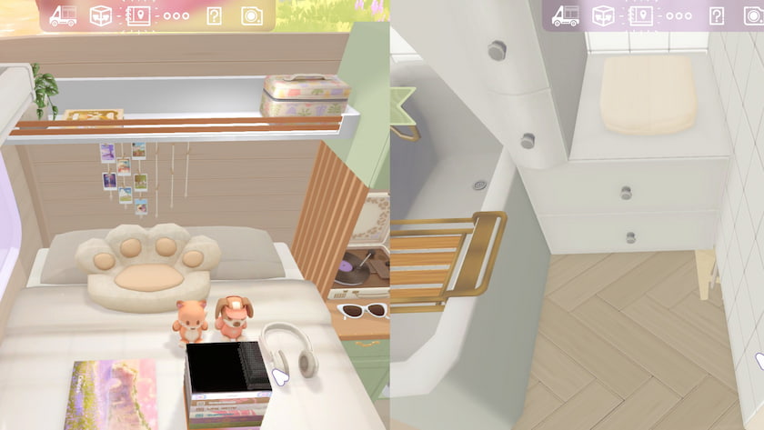 One half of the picture shows a stack of books and the top one's book cover has disappeared while the other half shows a bathroom with a hole in the floor in Camper Van: Make It Home. Published on LadiesGamers