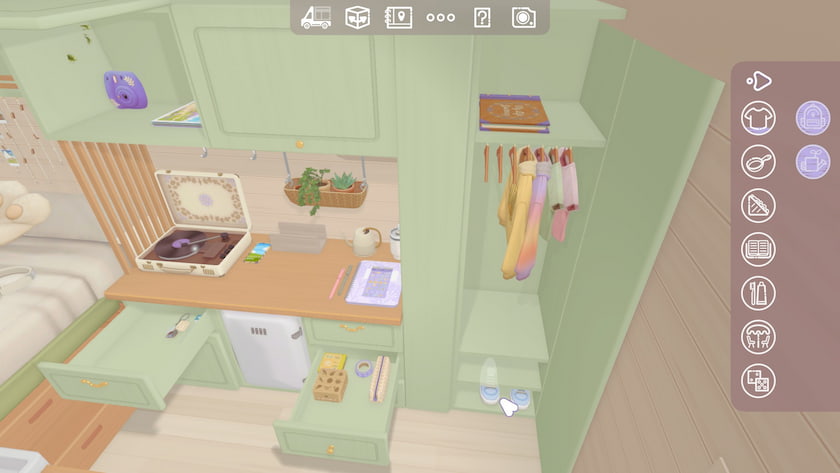 A bunch of shelves and a closet filled with clothing and other objects in Camper Van: Make It Home. Published on LadiesGamers