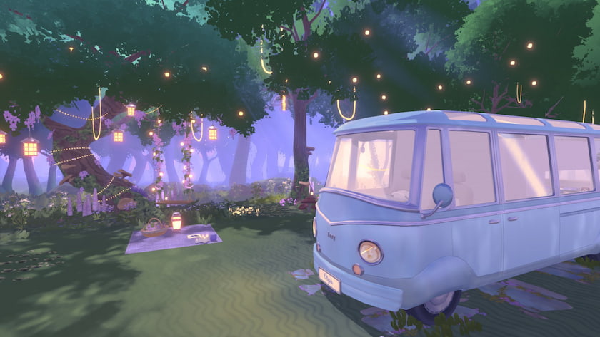 A camper van is surrounded by a forest at night lit by fireflies in Camper Van: Make It Home. Published on LadiesGamers
