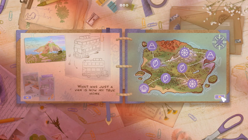 The scrapbook with a map and a layout of the camper van from Camper Van: Make It Home. Published on LadiesGamers