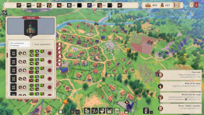 A sprawling town has a town hall in the center that can turn into a castle in City Tales: Medieval Era. Published on LadiesGamers