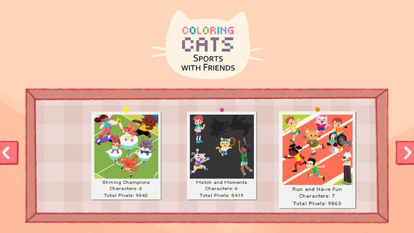 A selection screen from Coloring Cats: Sports with Friends showing three illustrated coloring options: "Shining Champions," "Match and Moments," and "Run and Have Fun," each with different numbers of characters and pixel counts. Published on: LadiesGamers