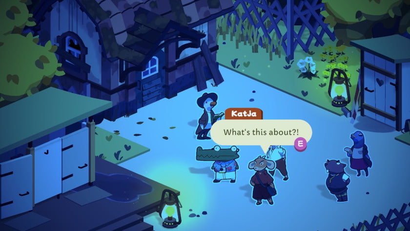 A bunch of NPCs gather in front of the Duck Detective in Duck Detective: the Ghost of Glamping.
