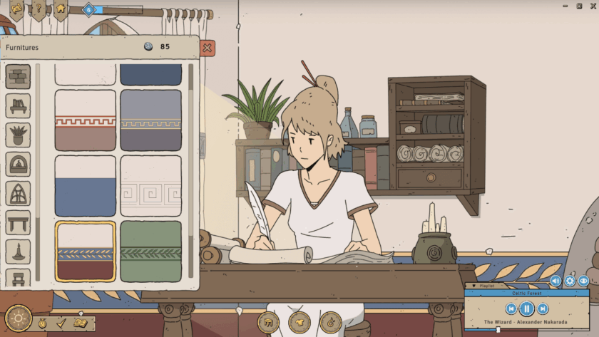 Ithya sitting at a desk with the furniture menu open.