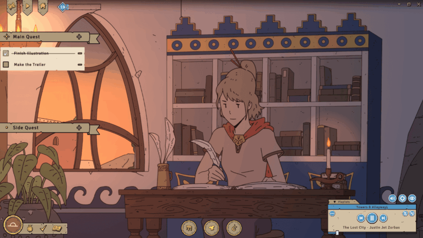 Ithya sitting at their desk with the room bathed in a orange glow.