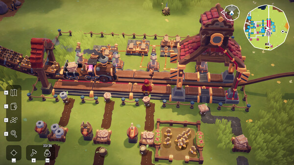 A charming top-down view of a cozy village train station with a steam locomotive on wooden tracks, surrounded by animated humanoid characters, garden plots, barrels, and a workshop area. A minimap in the top right shows a detailed layout of the village. Published on: LadiesGamers