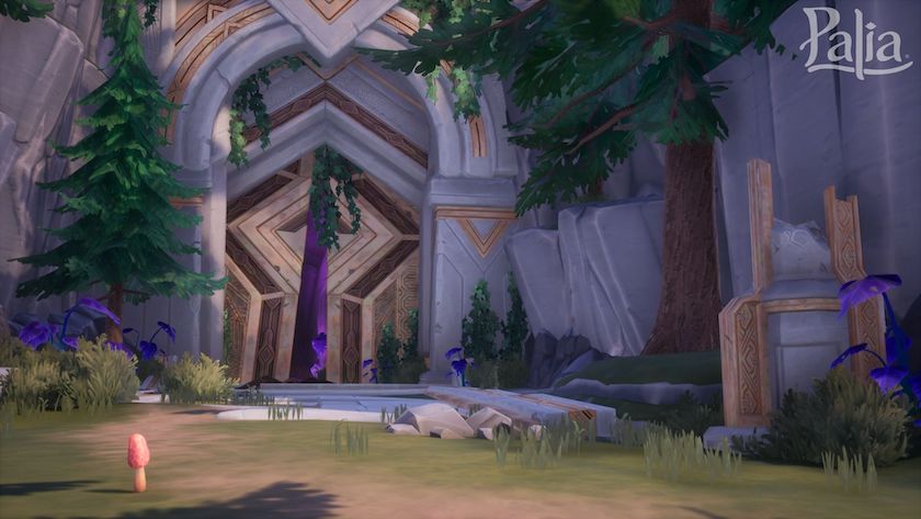 A ruined doorway flanked by purple plantlife in Palia