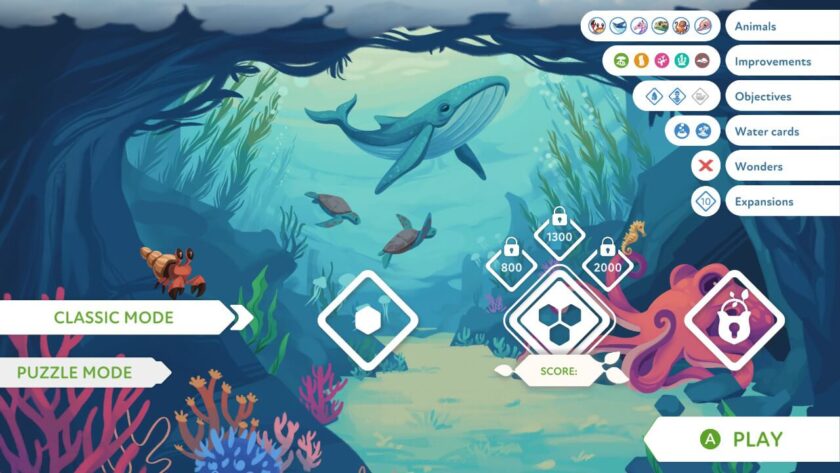 Selection screen for the Marine biome Classic mode, with the list of available cards and objectives detailed on the right. Published on LadiesGamers