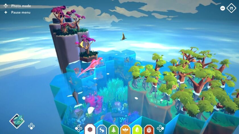 A lush mangrove forest, borders an ocean area with both dinosaurs and dolphins splashing in the water. Published on LadiesGamers