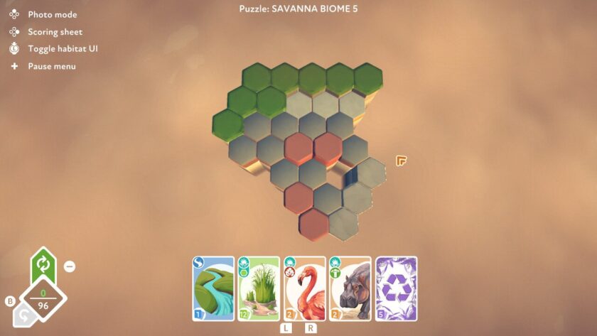 Savanna biome 5 which has an odd shaped area of 28 hexagons, with 1 river, 12 marshland, 2 flamingo and 2 hippo cards to use. Published on LadiesGamers