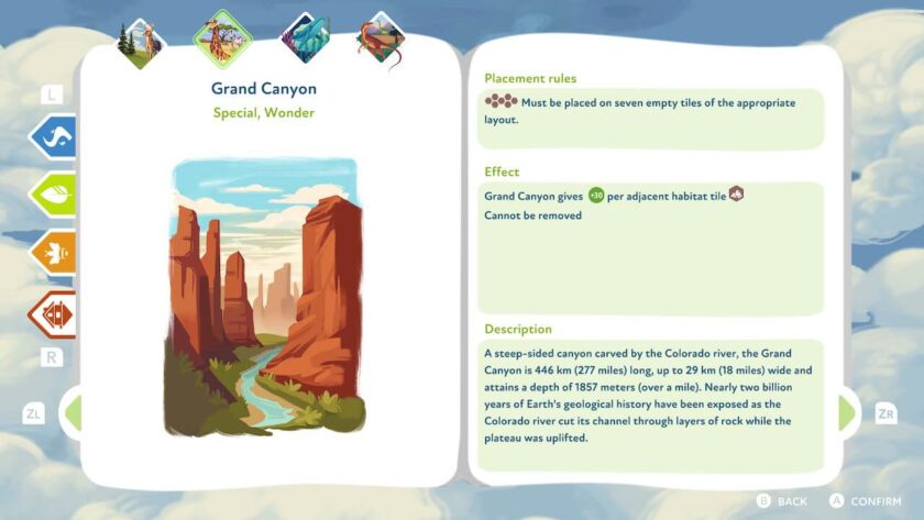 Page from the compendium explaining the placement and effects of the Grand Canyon card, as well as some additional information about the natural feature. Published on LadiesGamers