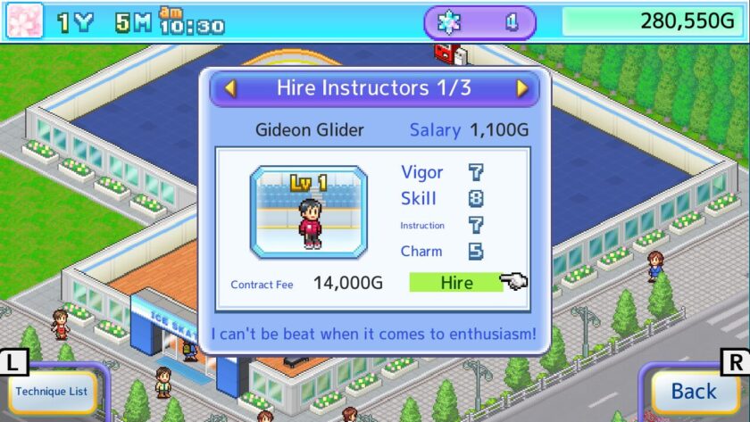 The hire instructors menu, detailing the contract fee and salary for Gideon and listing his current vigor, skill, instruction and charm stats. Published on LadiesGamers
